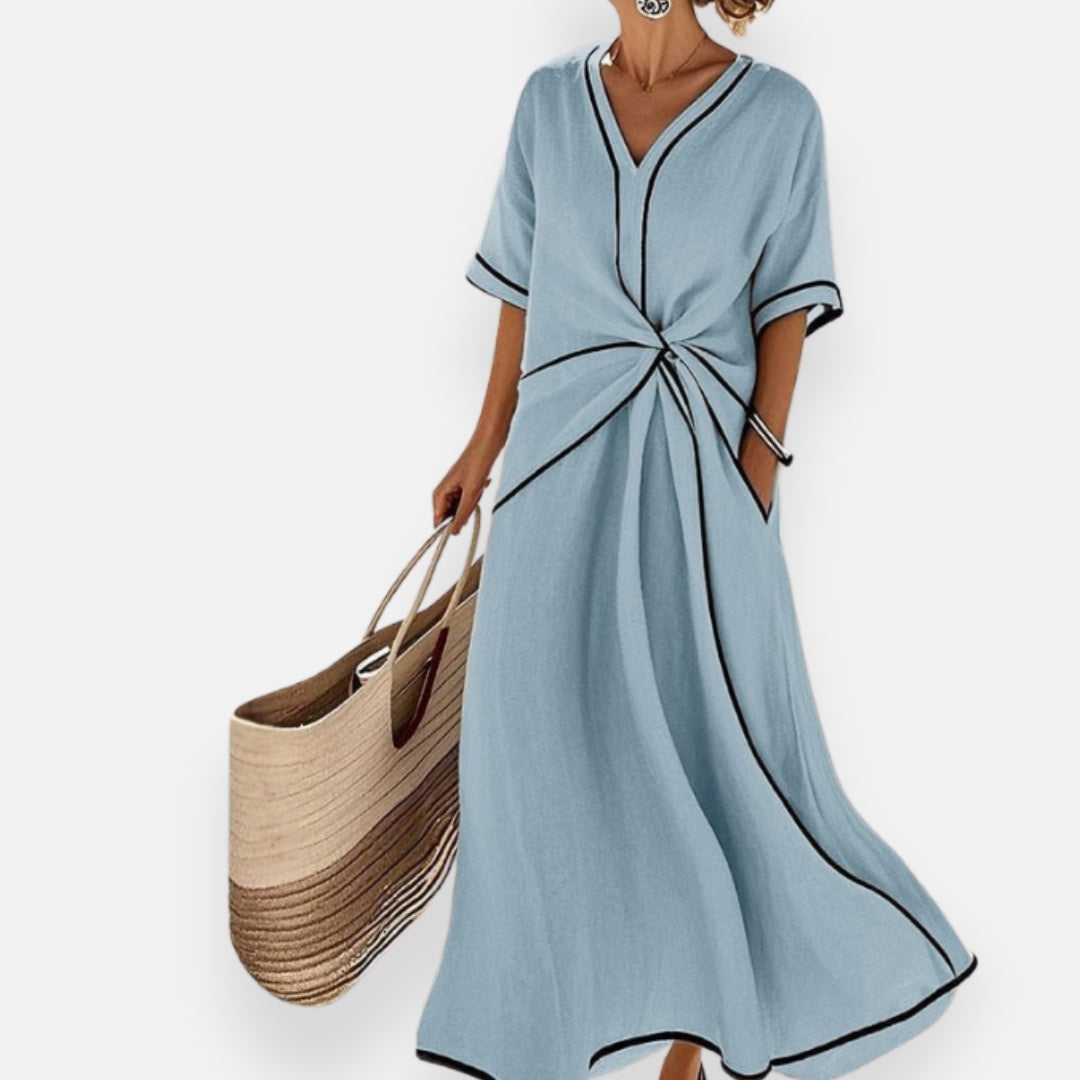 Améliane | Robe à nœud et liserés contrastés