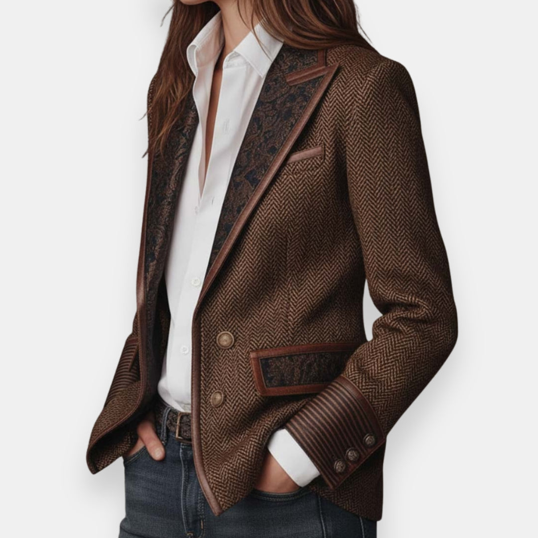 Uxue | Veste à Chevrons et Revers Brodés