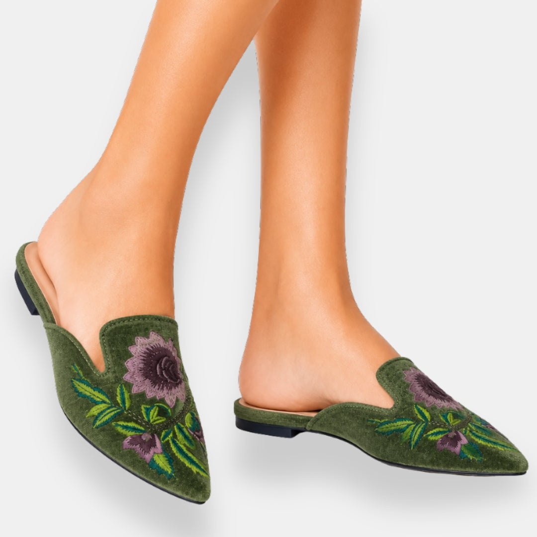 Myrtille | Mules Plates Brodées