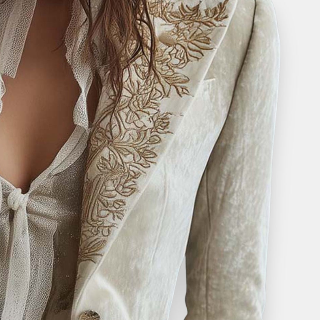 Alwena | Veste en Velours Ivoire Brodée d'Or