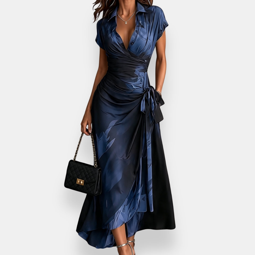 Bérengère | Robe Longue Imprimée Bleu Profond