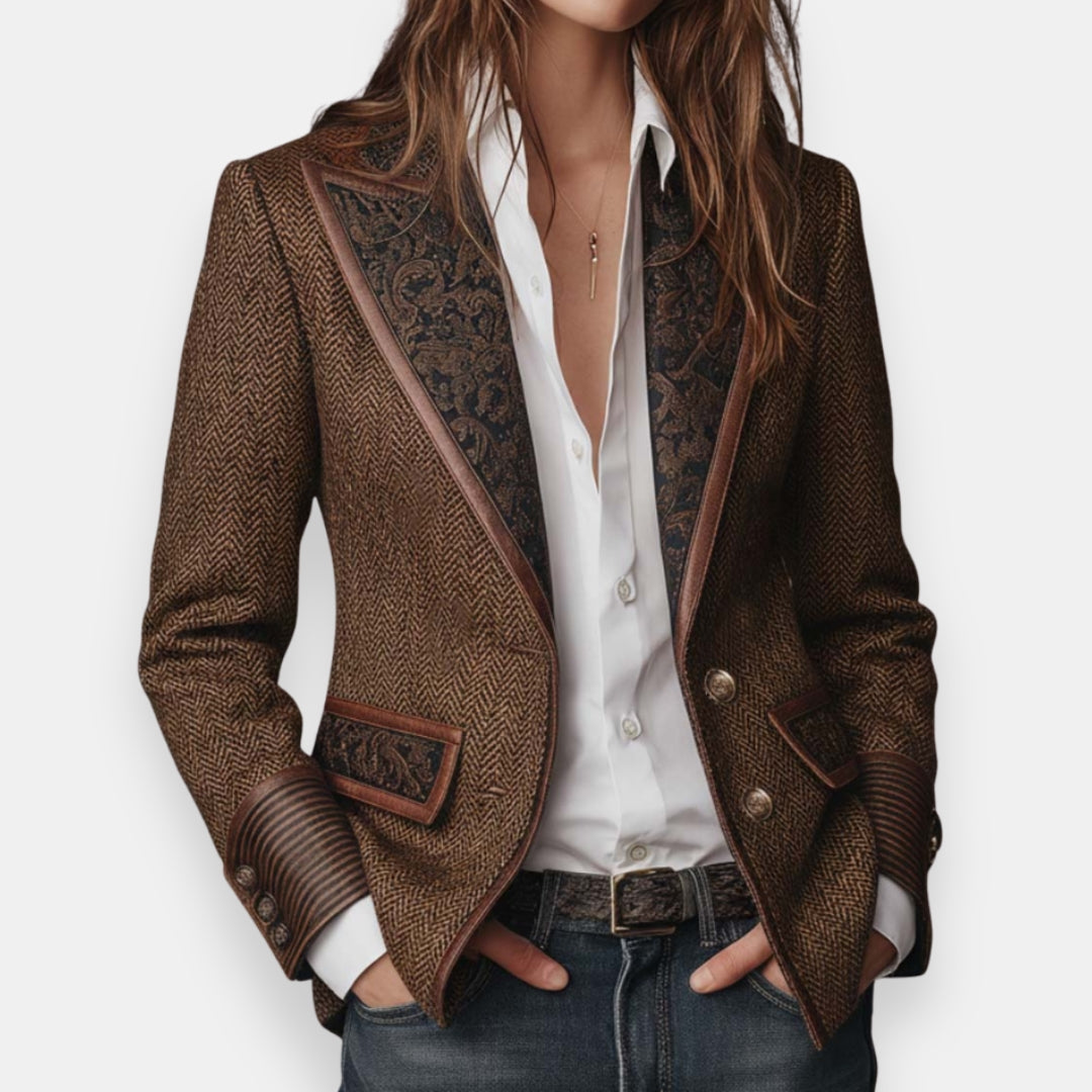 Uxue | Veste à Chevrons et Revers Brodés