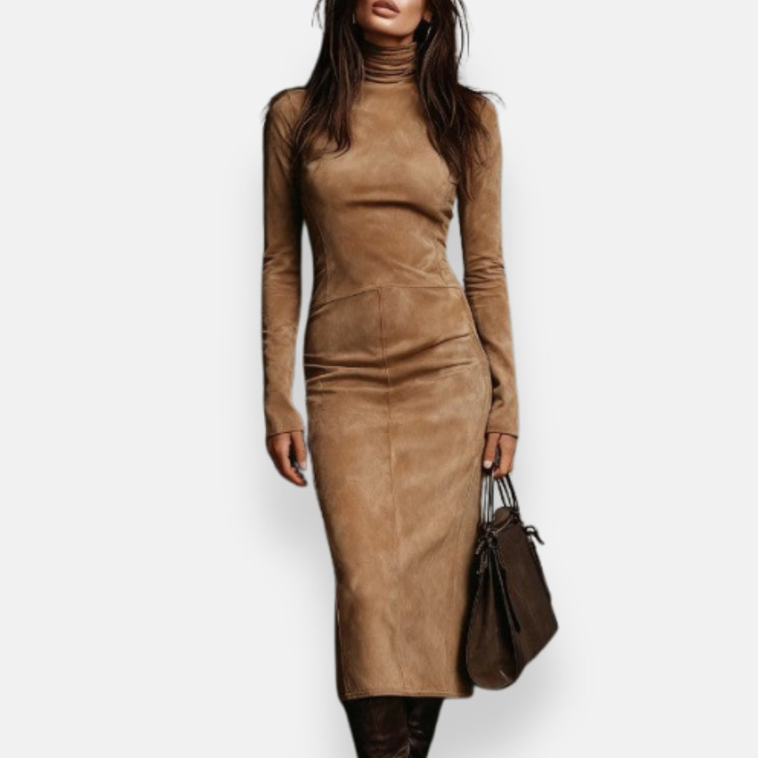 Mae | Robe Midi en Suède avec Col Roulé
