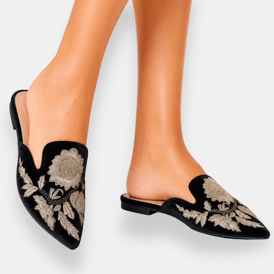 Myrtille | Mules Plates Brodées