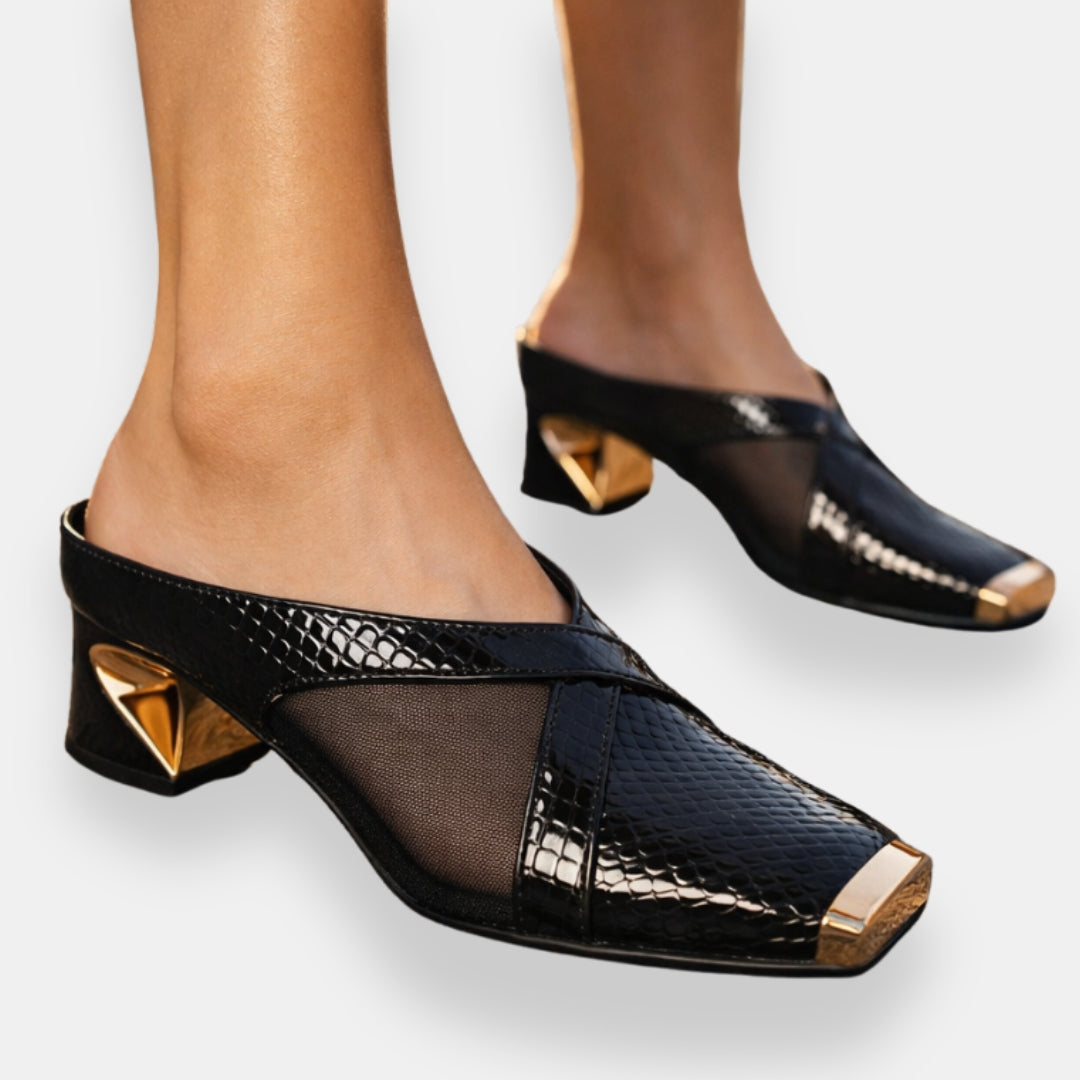 Féolinde | Mules croco bout doré sculpté