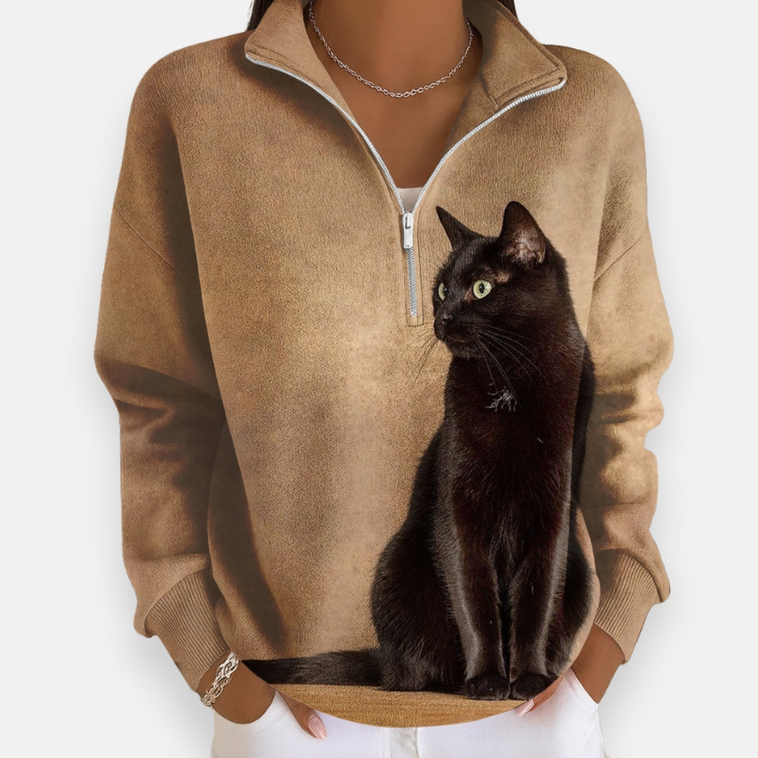 Mona | Sweatshirt zippé à imprimé chat