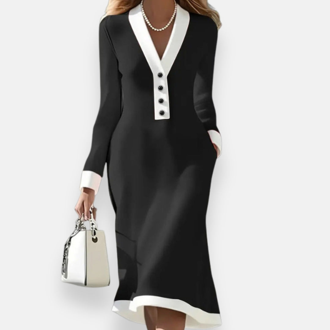 Alcyone | Robe Élégante à Col V Contrasté